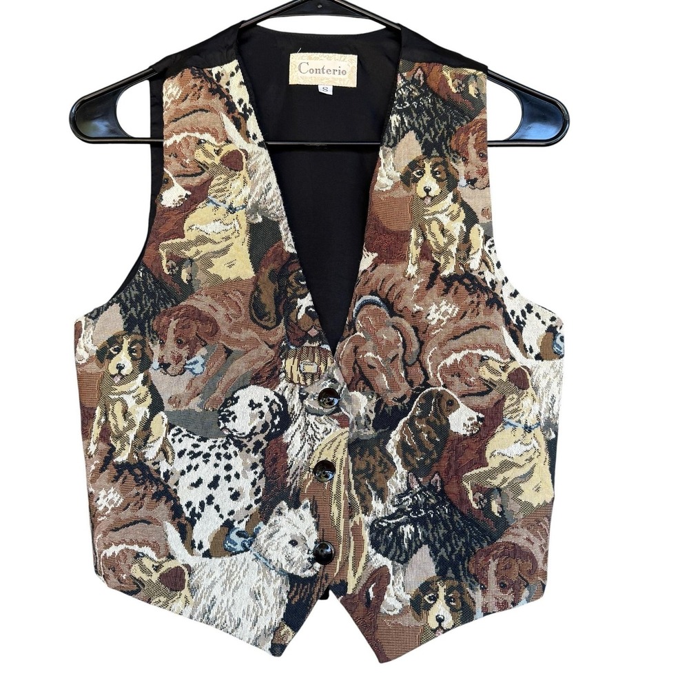 Conterio Vest Womens Small Multicolor Tapestry Dog Print Button Front Lined